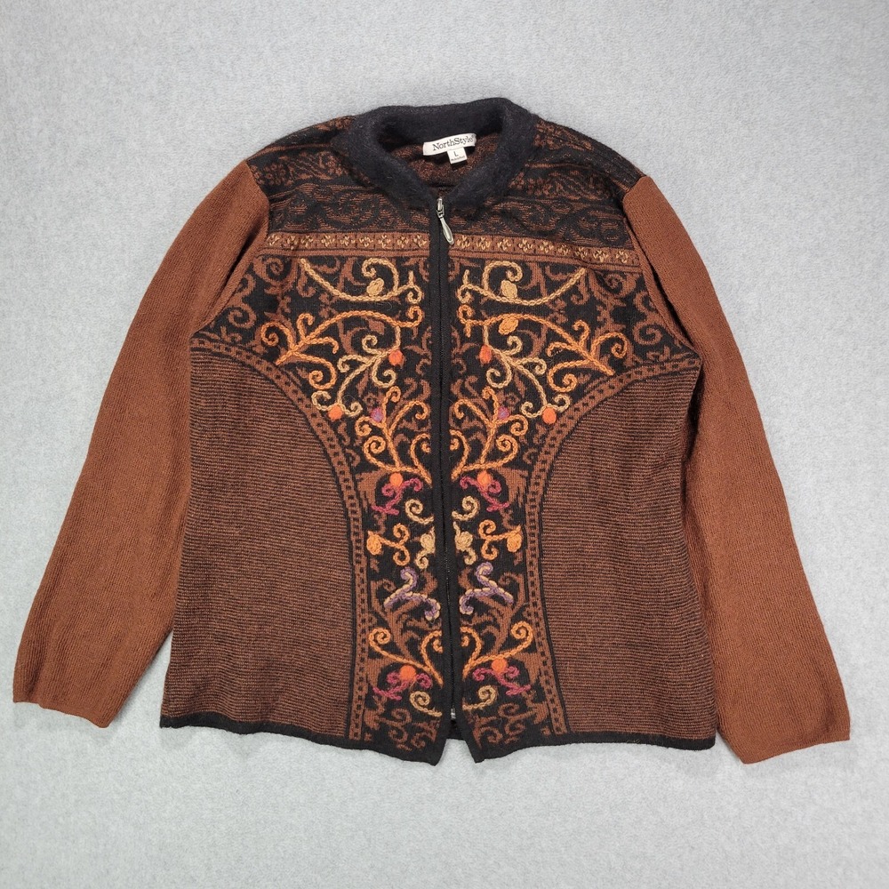 NorthStyle Womens Sweater Large Brown Cardigan Full Zip Alpaca Blend Jacket Peru